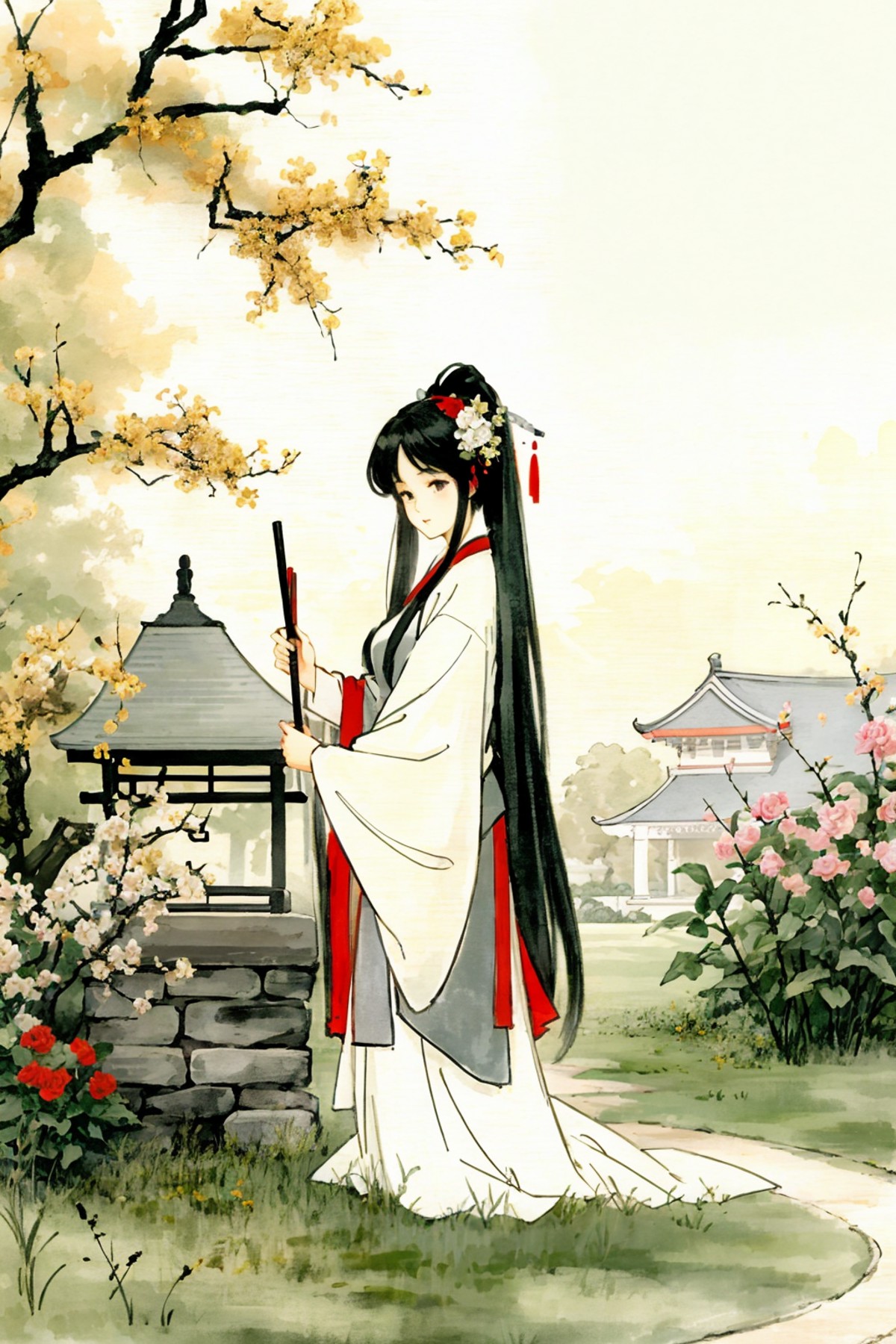 1girl,hanfu,beauty,  (trees:0.5), (flowers:0.6) ,garden,CHINESE STYLE building,